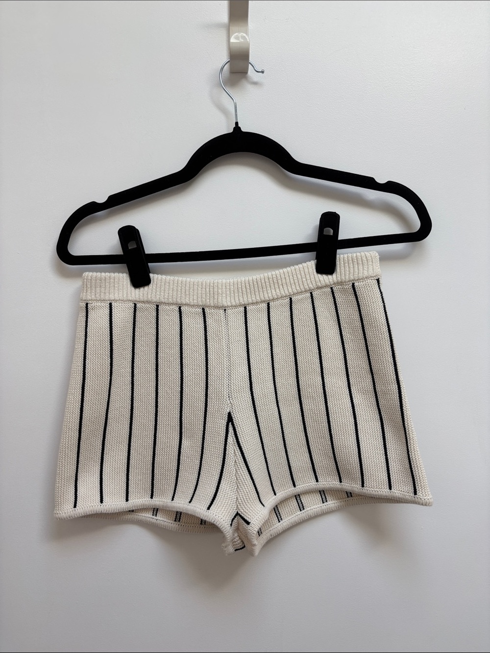 Reformation Cream Knit High-Waist Shorts with Black Stripes